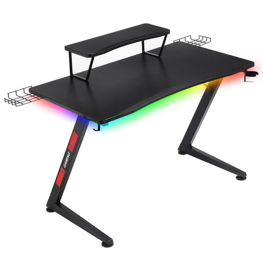 Ergonomic Curved 3-Sided LED Z-Leg Gaming Desk, Black
